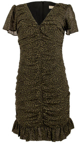Women's Animal Print Ruched V-Neck Mini Dress OLV 6 Olive